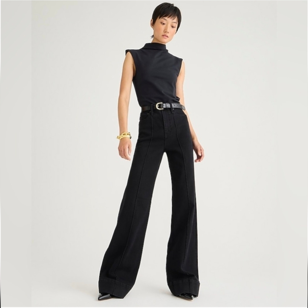 Black Denim High Rise Jeans Wide Leg Pintuck Trouser Jeans From J.Crew